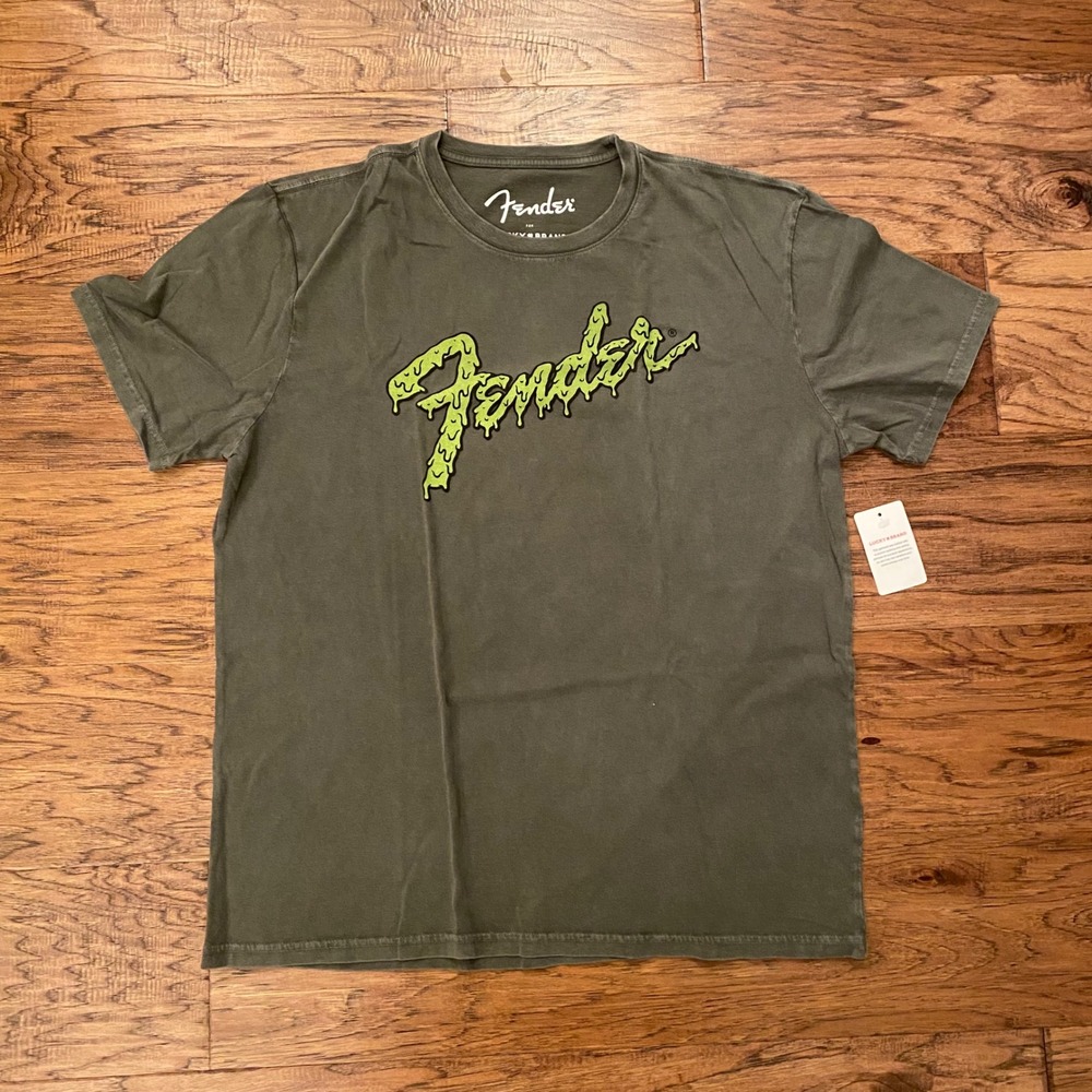 Lucky Brand Fender Graphic T-Shirt Mens Large Olive Green Slime Rock Hand Tee